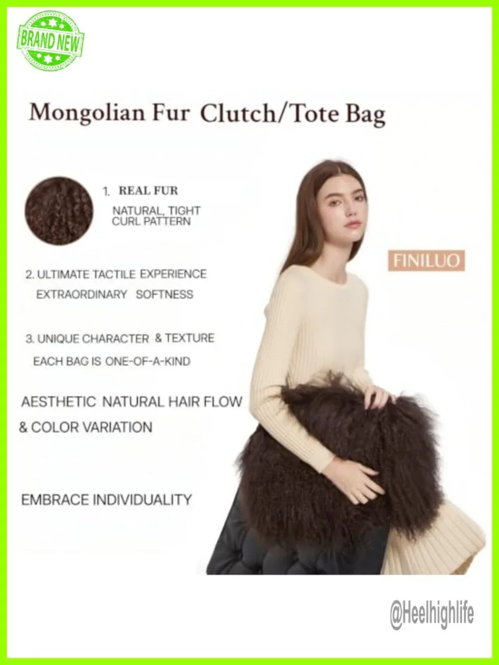 Real Lamb Fur Tote Bag with Genuine Leather Handles and Button Closure